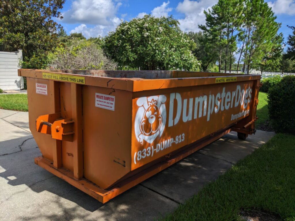 Dumpster Dogs roll-off container placed on a paved residential driveway