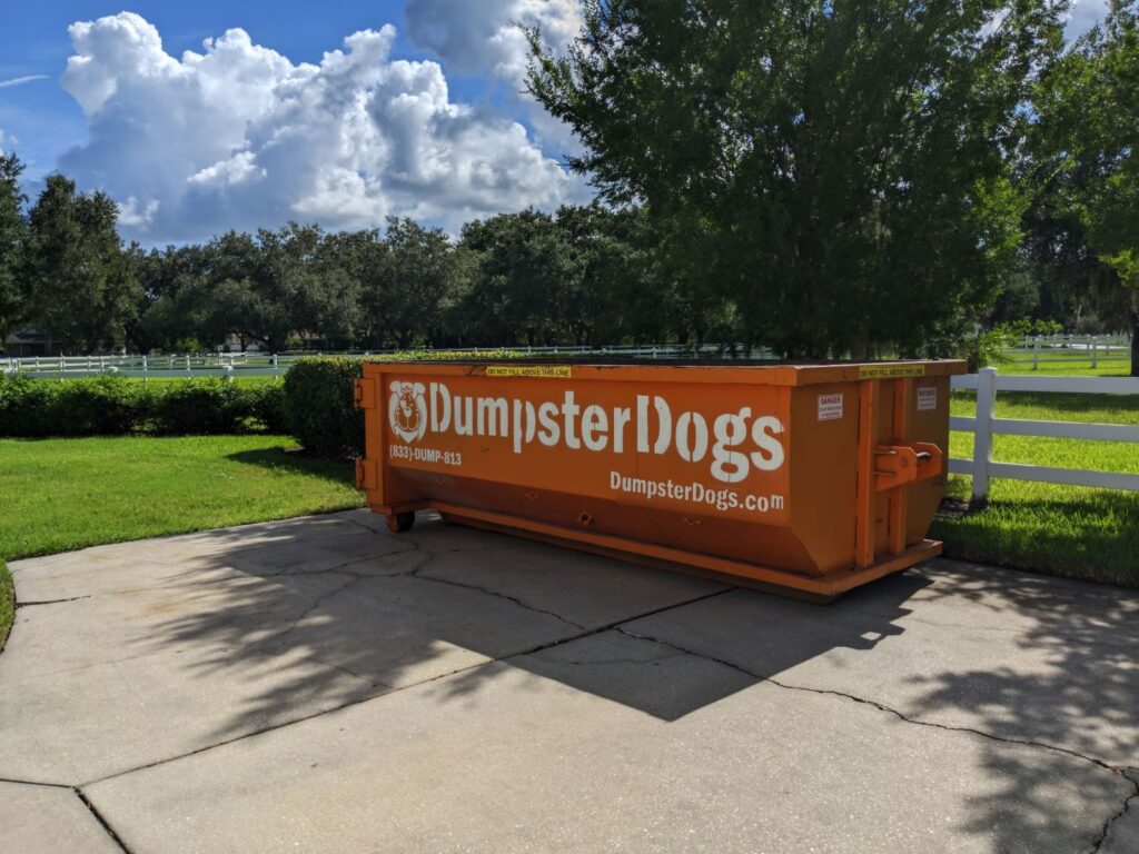 Orange Dumpster Dogs roll-off dumpster delivered on a residential driveway in Tampa Bay
